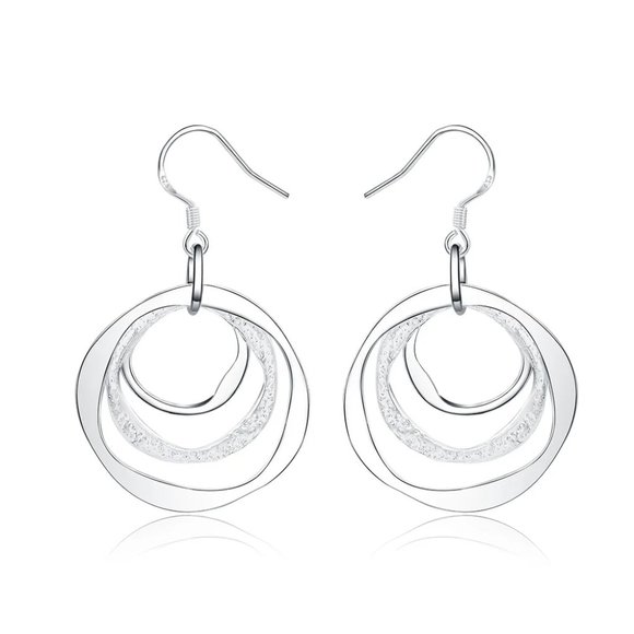 Gorgeous Sterling Silver 3 Geometric Circle Hanging Earrings with Frosted Finish - Picture 2 of 6